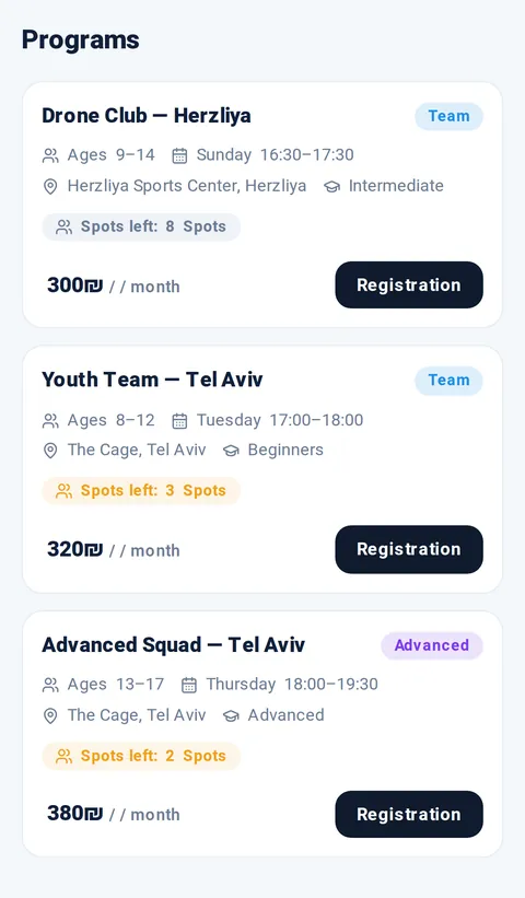 Program catalog on a phone, with spots left and monthly prices