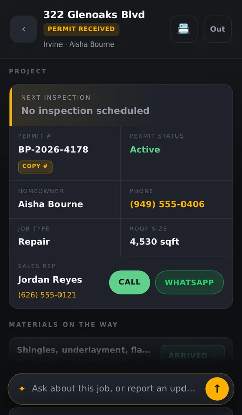 Field portal on a crew phone: a job with permit number, homeowner and one-tap call or WhatsApp