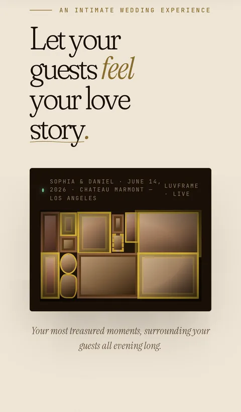 LuvFrame home page on a phone: Let your guests feel your love story